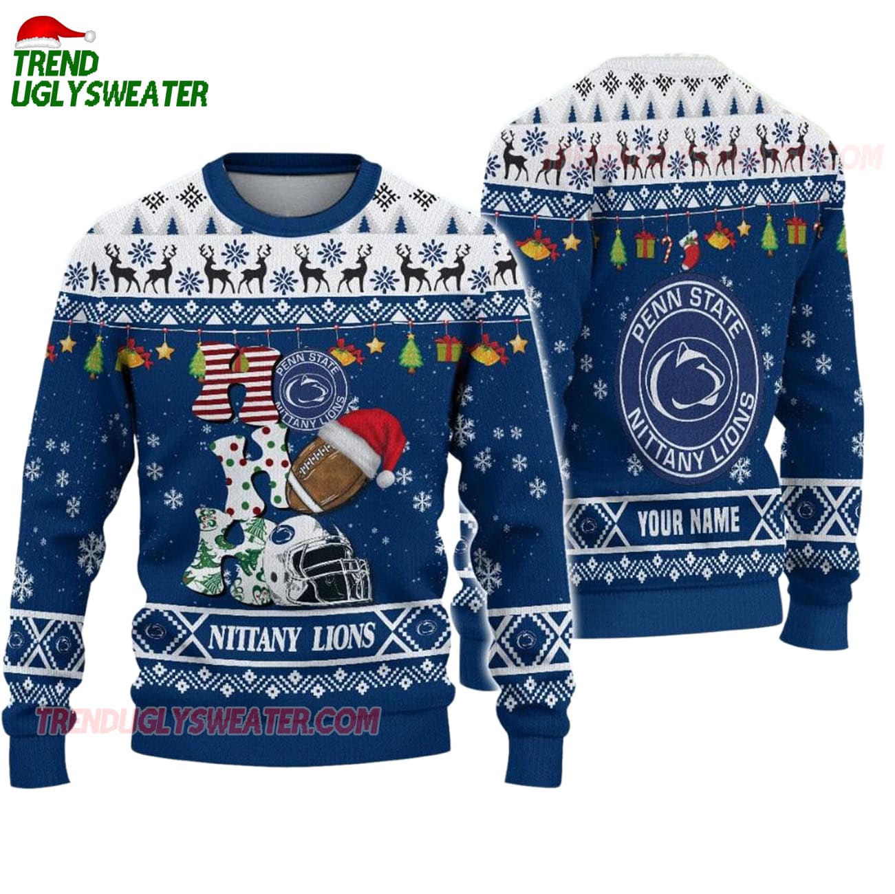 Custom Name Penn State Nittany Lions Football Ho Ho Ho Ugly Christmas Sweater Custom Name Penn State Nittany Lions Football Ho Ho Ho Ugly Christmas Sweater
