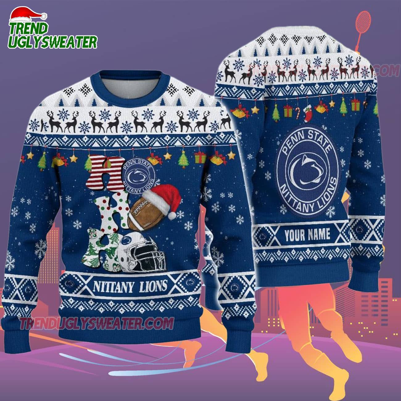 Custom Name Penn State Nittany Lions Football Ho Ho Ho Ugly Christmas Sweater Custom Name Penn State Nittany Lions Football Ho Ho Ho Ugly Christmas Sweater