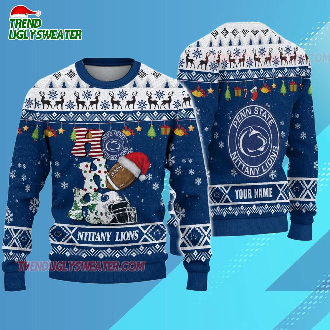 Custom Name Penn State Nittany Lions Football Ho Ho Ho Ugly Christmas Sweater Custom Name Penn State Nittany Lions Football Ho Ho Ho Ugly Christmas Sweater