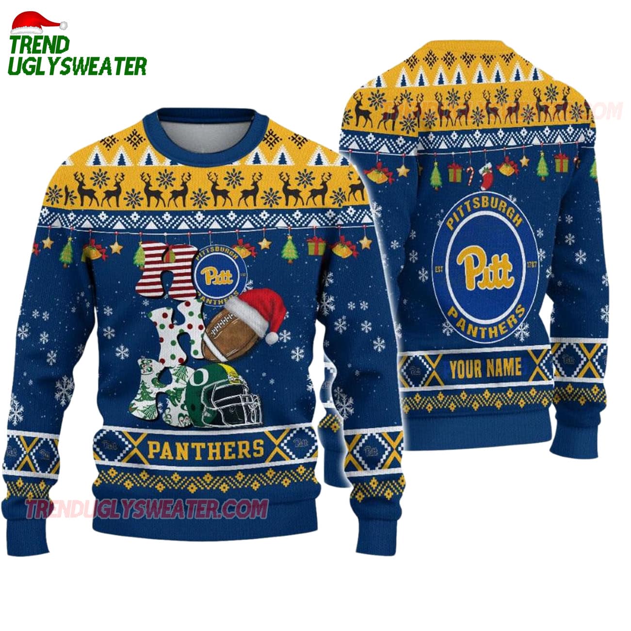 Custom Name Pittsburgh Panthers Football Ho Ho Ho Ugly Christmas Sweater Custom Name Pittsburgh Panthers Football Ho Ho Ho Ugly Christmas Sweater