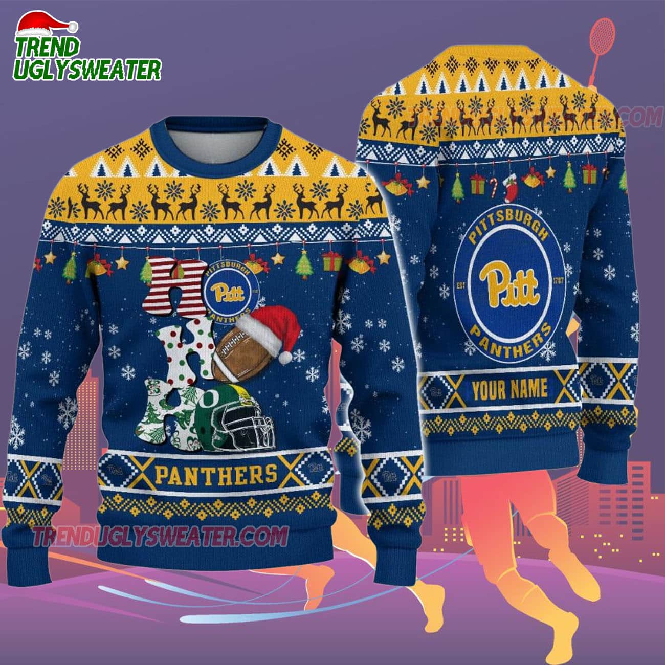 Custom Name Pittsburgh Panthers Football Ho Ho Ho Ugly Christmas Sweater Custom Name Pittsburgh Panthers Football Ho Ho Ho Ugly Christmas Sweater