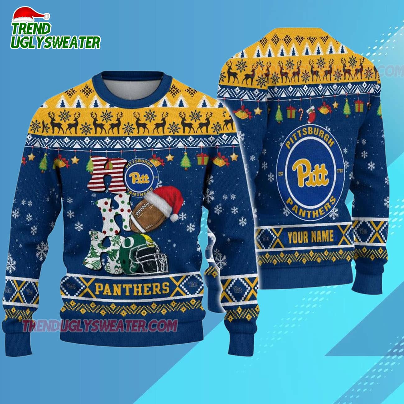 Custom Name Pittsburgh Panthers Football Ho Ho Ho Ugly Christmas Sweater Custom Name Pittsburgh Panthers Football Ho Ho Ho Ugly Christmas Sweater