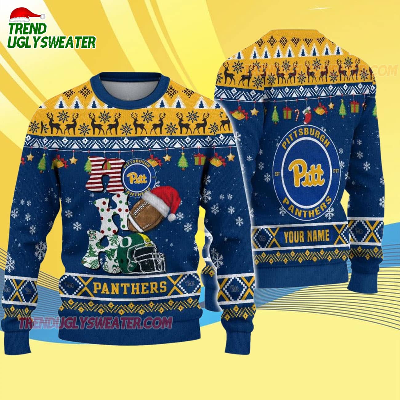 Custom Name Pittsburgh Panthers Football Ho Ho Ho Ugly Christmas Sweater Custom Name Pittsburgh Panthers Football Ho Ho Ho Ugly Christmas Sweater