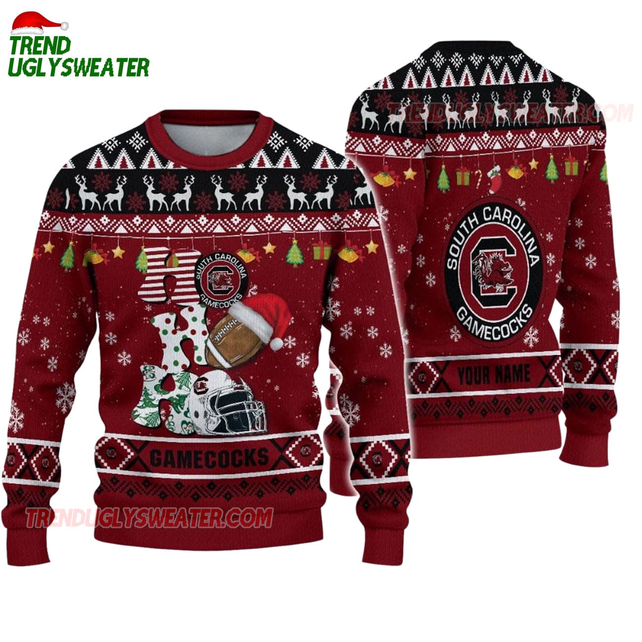 Custom Name South Carolina Gamecocks Football Ho Ho Ho Ugly Christmas Sweater Custom Name South Carolina Gamecocks Football Ho Ho Ho Ugly Christmas Sweater