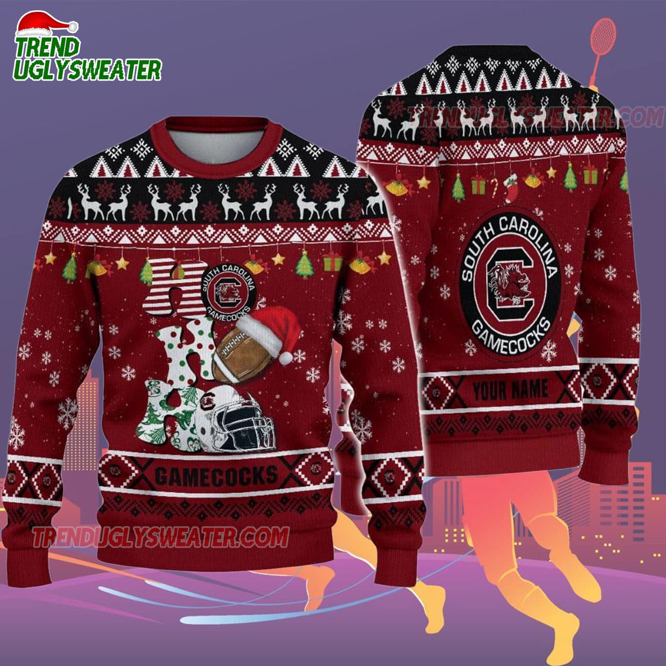 Custom Name South Carolina Gamecocks Football Ho Ho Ho Ugly Christmas Sweater Custom Name South Carolina Gamecocks Football Ho Ho Ho Ugly Christmas Sweater