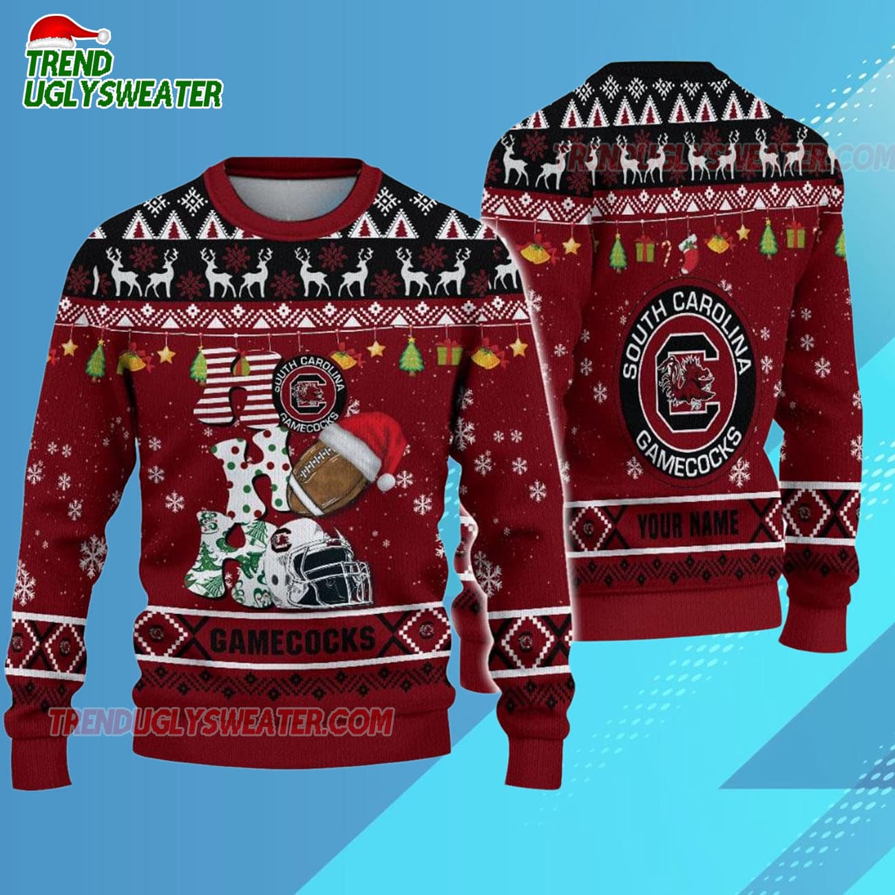 Custom Name South Carolina Gamecocks Football Ho Ho Ho Ugly Christmas Sweater Custom Name South Carolina Gamecocks Football Ho Ho Ho Ugly Christmas Sweater
