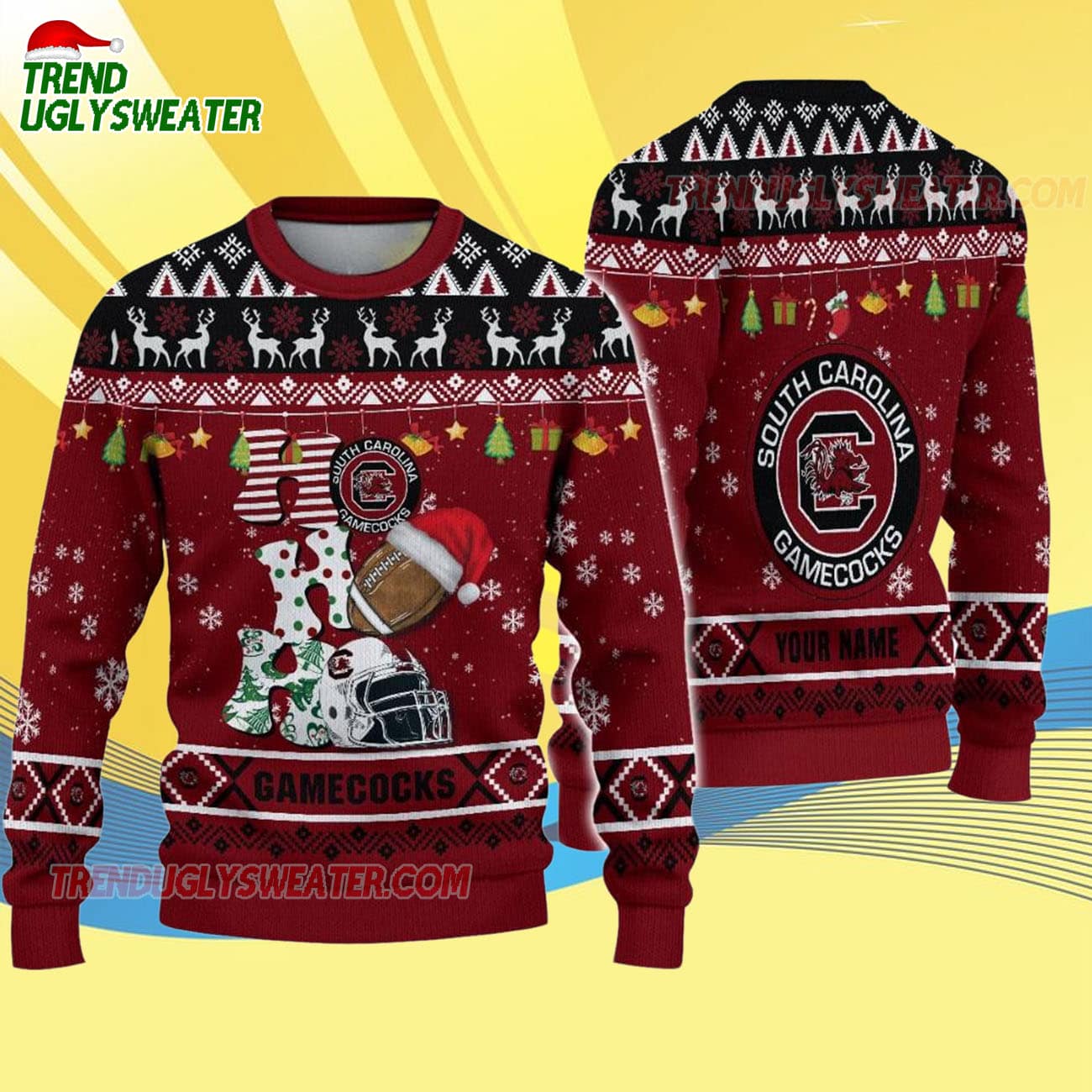 Custom Name South Carolina Gamecocks Football Ho Ho Ho Ugly Christmas Sweater Custom Name South Carolina Gamecocks Football Ho Ho Ho Ugly Christmas Sweater