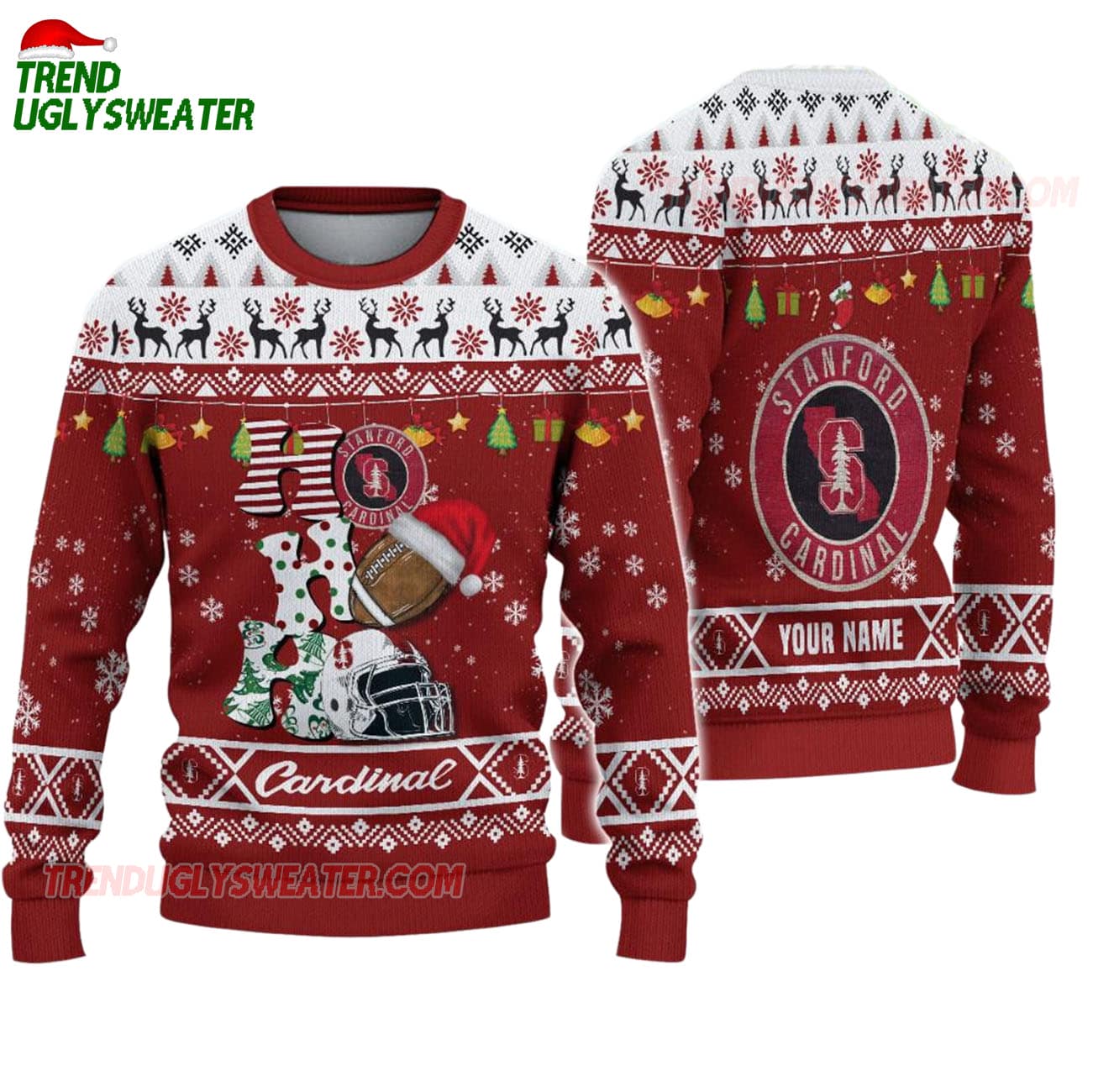 Custom Name Stanford Cardinal Football Ho Ho Ho Ugly Christmas Sweater Custom Name Stanford Cardinal Football Ho Ho Ho Ugly Christmas Sweater