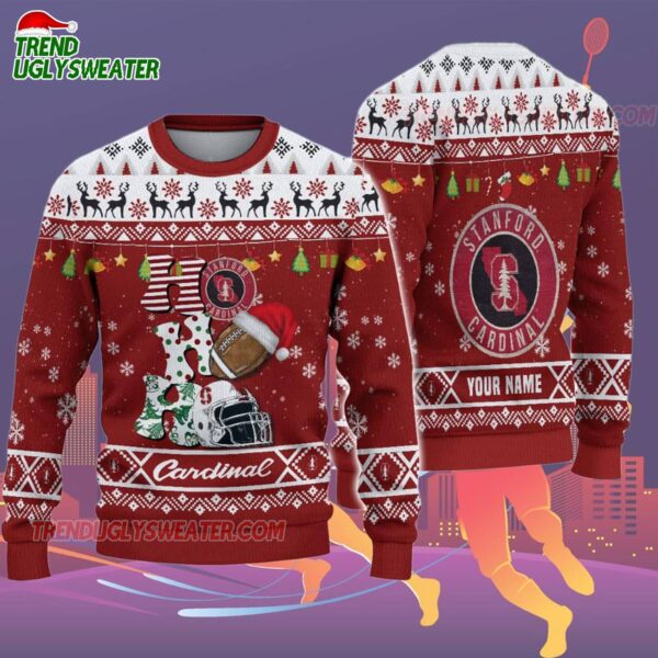 Custom Name Stanford Cardinal Football Ho Ho Ho Ugly Christmas Sweater 2