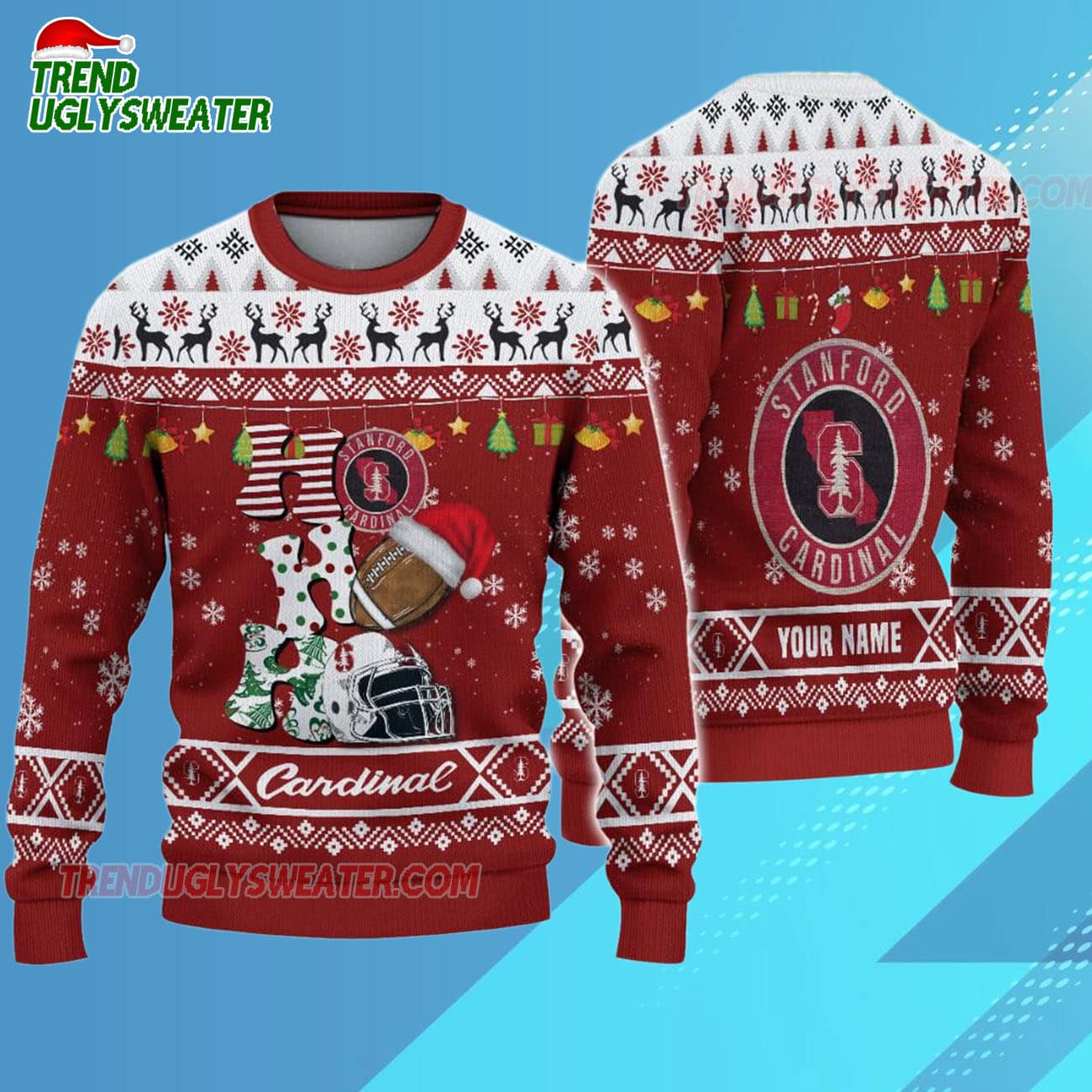 Custom Name Stanford Cardinal Football Ho Ho Ho Ugly Christmas Sweater Custom Name Stanford Cardinal Football Ho Ho Ho Ugly Christmas Sweater