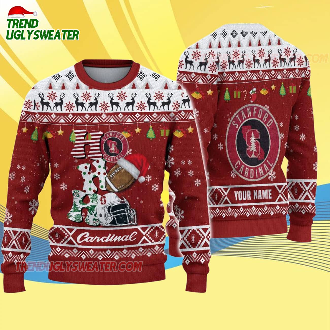 Custom Name Stanford Cardinal Football Ho Ho Ho Ugly Christmas Sweater Custom Name Stanford Cardinal Football Ho Ho Ho Ugly Christmas Sweater