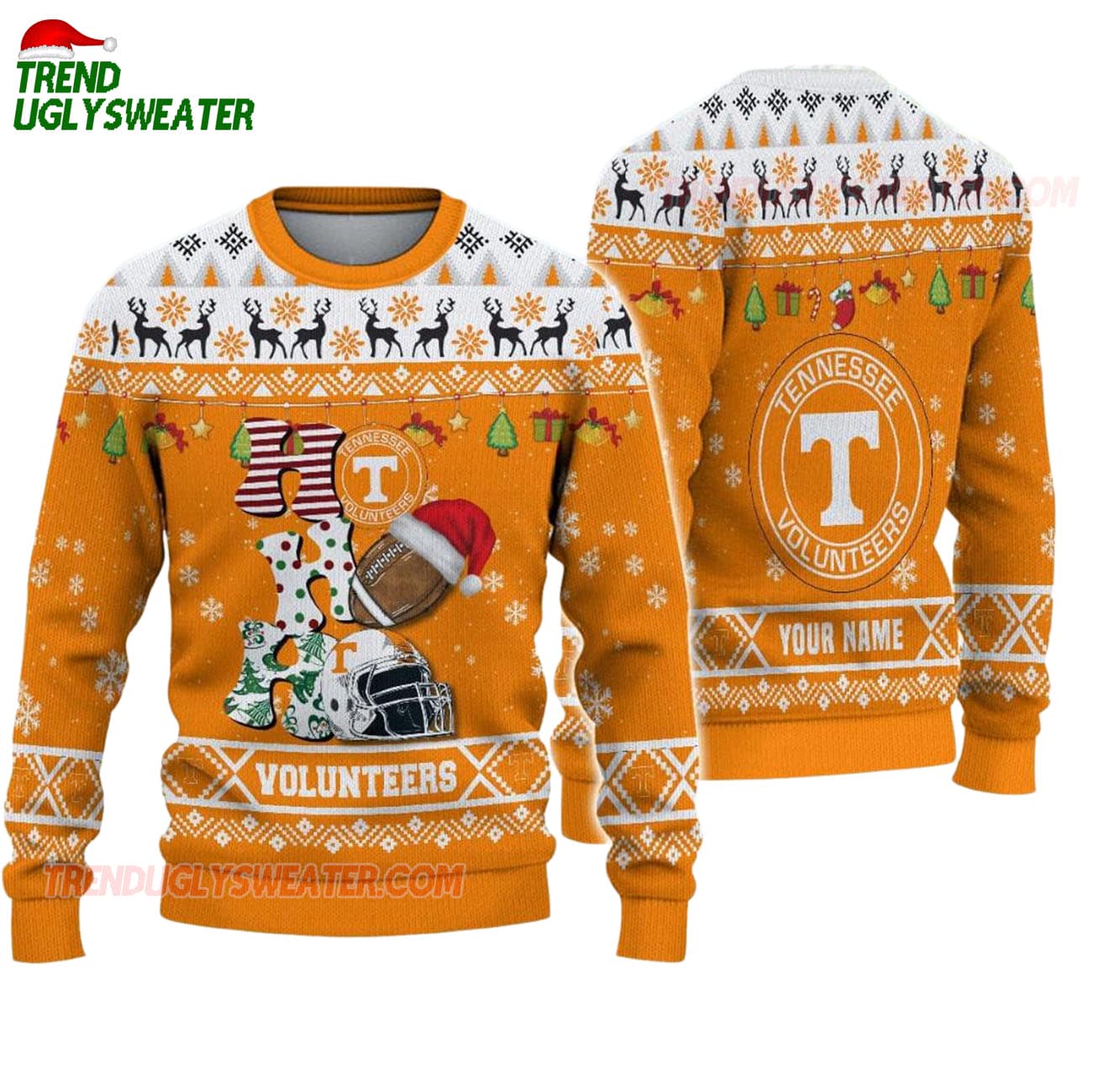 Custom Name Tennessee Volunteers Football Ho Ho Ho Ugly Christmas Sweater Custom Name Tennessee Volunteers Football Ho Ho Ho Ugly Christmas Sweater