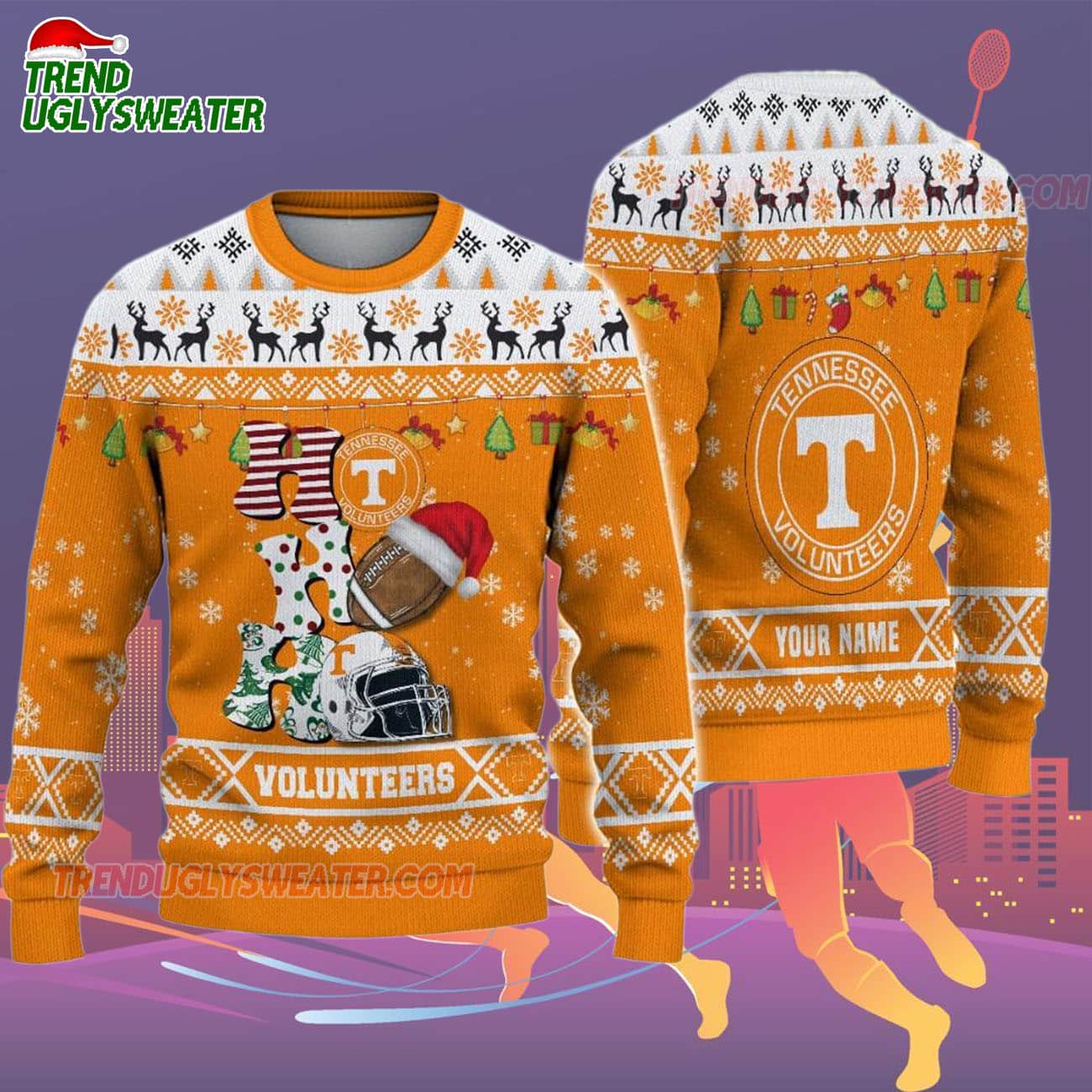 Custom Name Tennessee Volunteers Football Ho Ho Ho Ugly Christmas Sweater Custom Name Tennessee Volunteers Football Ho Ho Ho Ugly Christmas Sweater