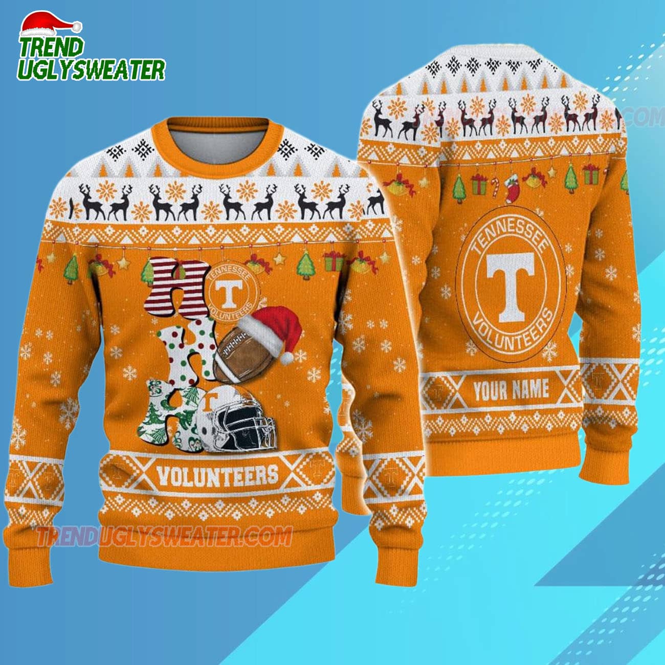 Custom Name Tennessee Volunteers Football Ho Ho Ho Ugly Christmas Sweater Custom Name Tennessee Volunteers Football Ho Ho Ho Ugly Christmas Sweater