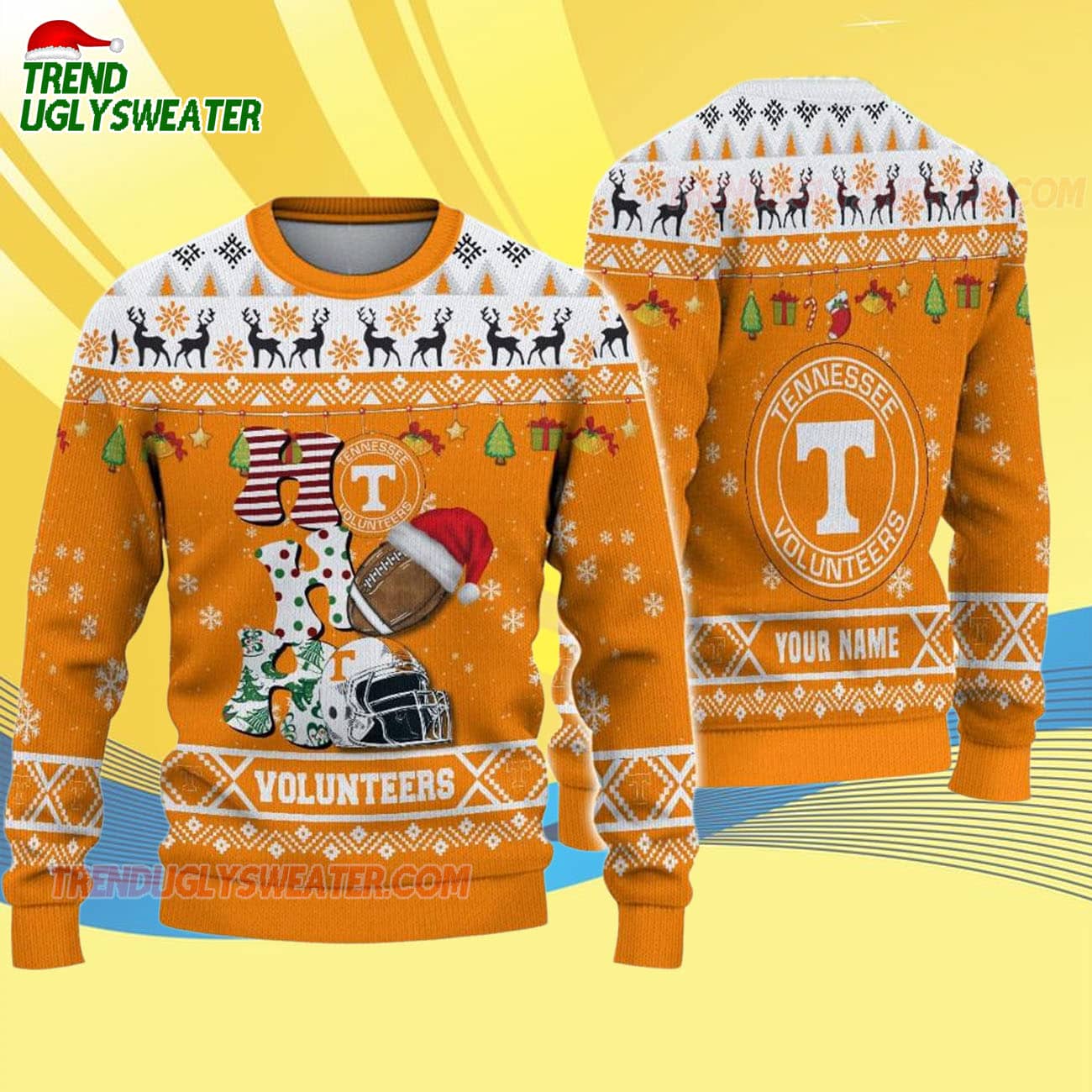 Custom Name Tennessee Volunteers Football Ho Ho Ho Ugly Christmas Sweater Custom Name Tennessee Volunteers Football Ho Ho Ho Ugly Christmas Sweater