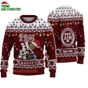 Custom Name Texas Aampm Aggies Football Ho Ho Ho Ugly Christmas Sweater 1