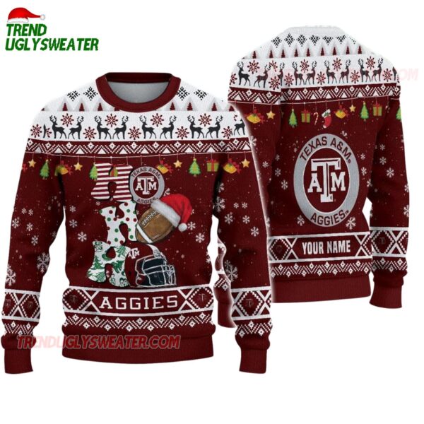 Custom Name Texas Aampm Aggies Football Ho Ho Ho Ugly Christmas Sweater 1