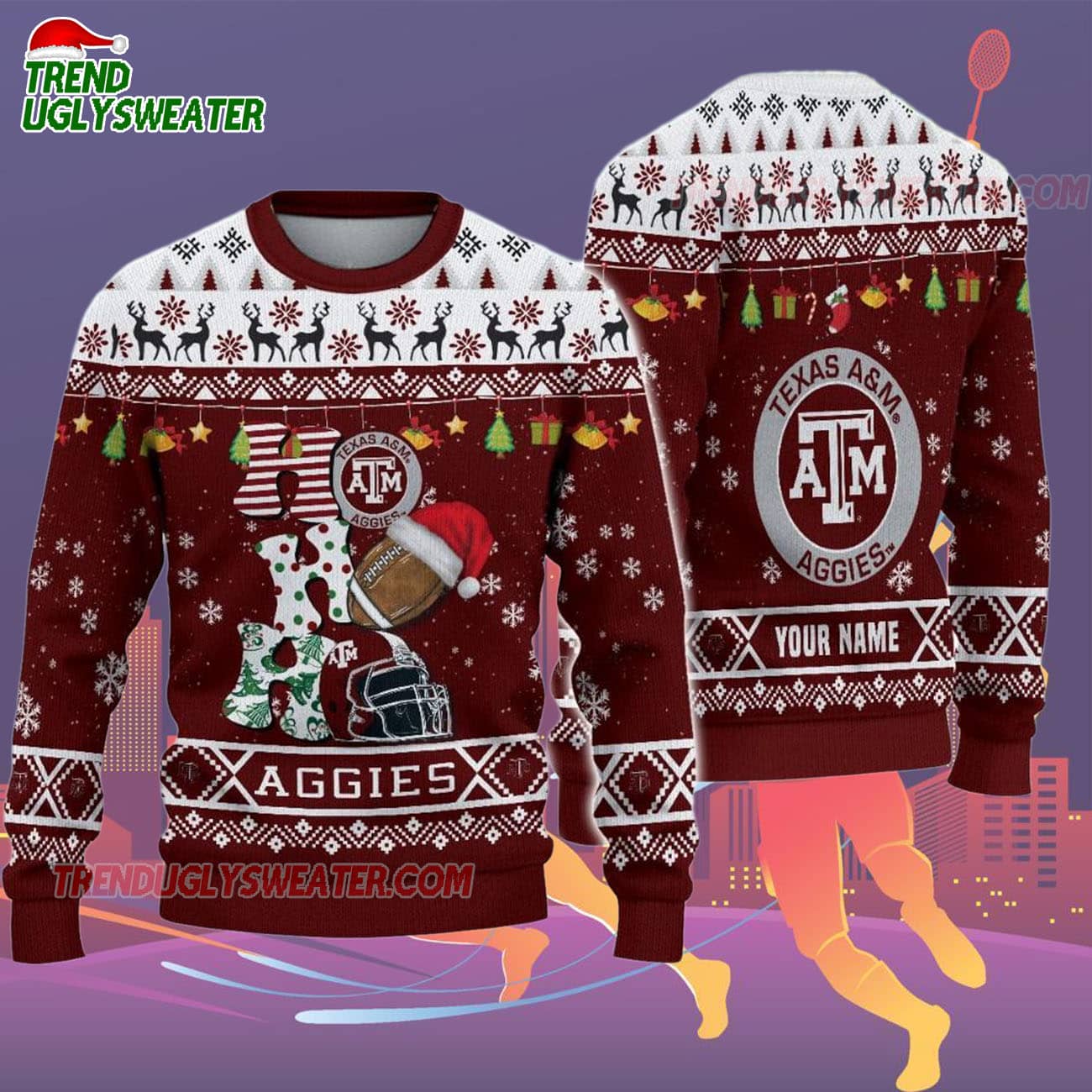 Custom Name Texas A&m Aggies Football Ho Ho Ho Ugly Christmas Sweater Custom Name Texas A&m Aggies Football Ho Ho Ho Ugly Christmas Sweater