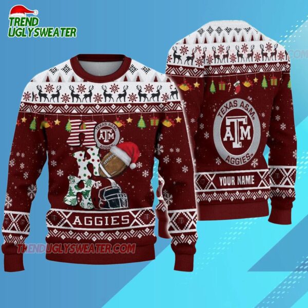 Custom Name Texas Aampm Aggies Football Ho Ho Ho Ugly Christmas Sweater 3