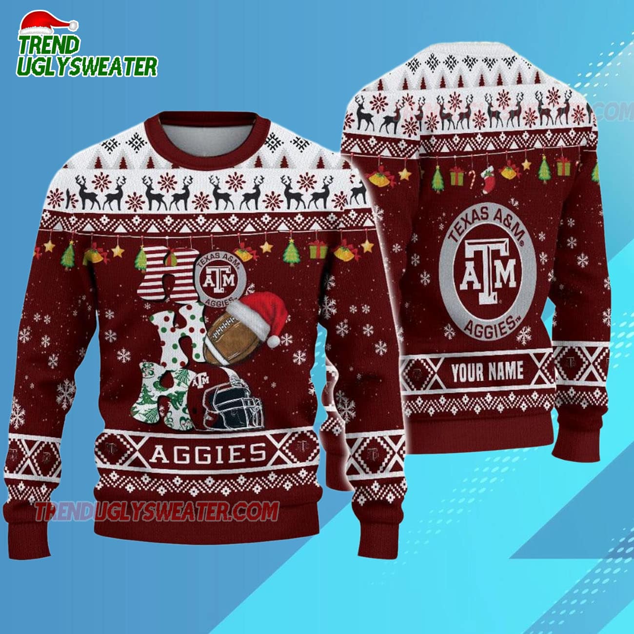 Custom Name Texas A&m Aggies Football Ho Ho Ho Ugly Christmas Sweater Custom Name Texas A&m Aggies Football Ho Ho Ho Ugly Christmas Sweater