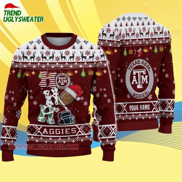Custom Name Texas Aampm Aggies Football Ho Ho Ho Ugly Christmas Sweater 4
