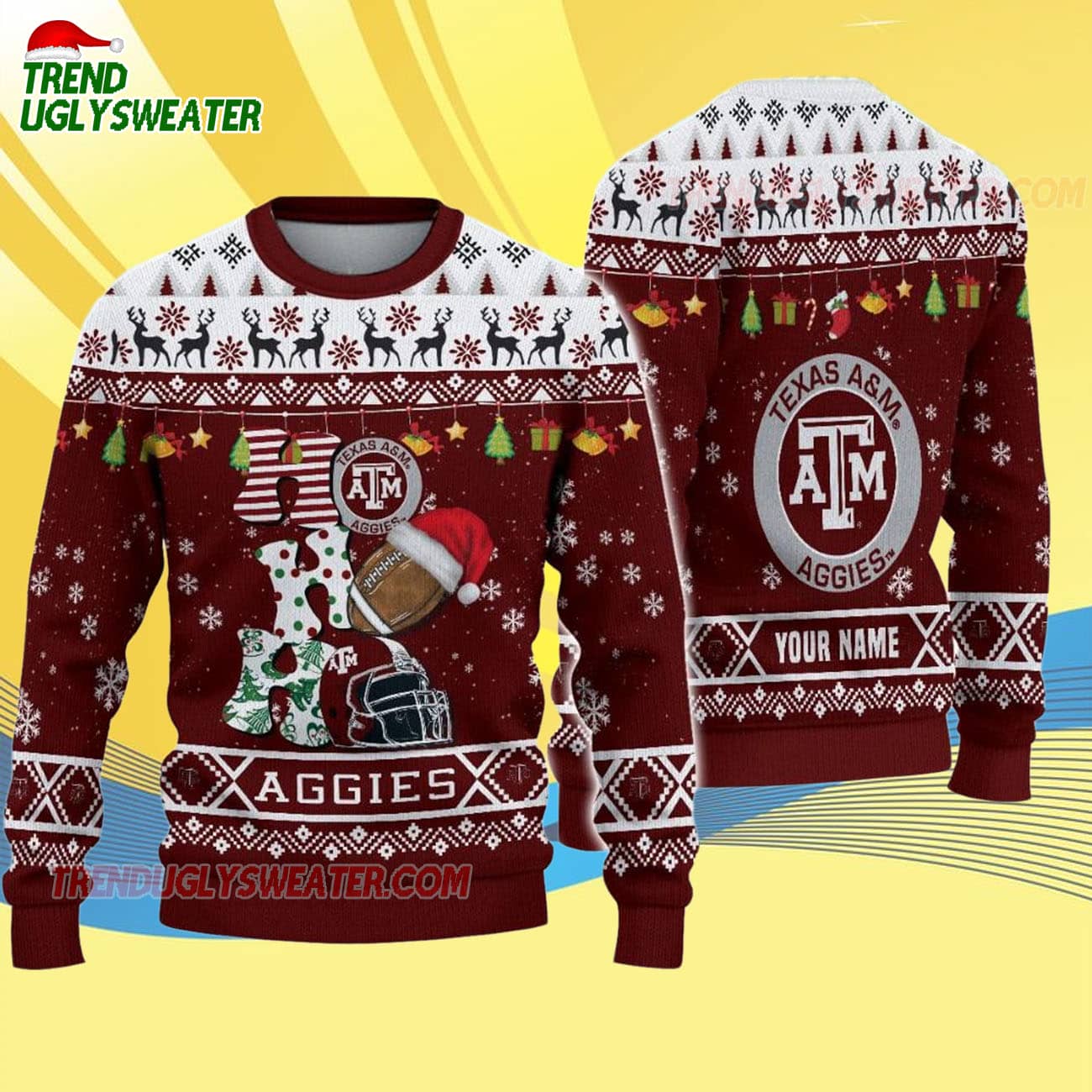 Custom Name Texas A&m Aggies Football Ho Ho Ho Ugly Christmas Sweater Custom Name Texas A&m Aggies Football Ho Ho Ho Ugly Christmas Sweater
