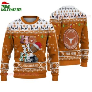 Custom Name Texas Longhorns Football Ho Ho Ho Ugly Christmas Sweater 1