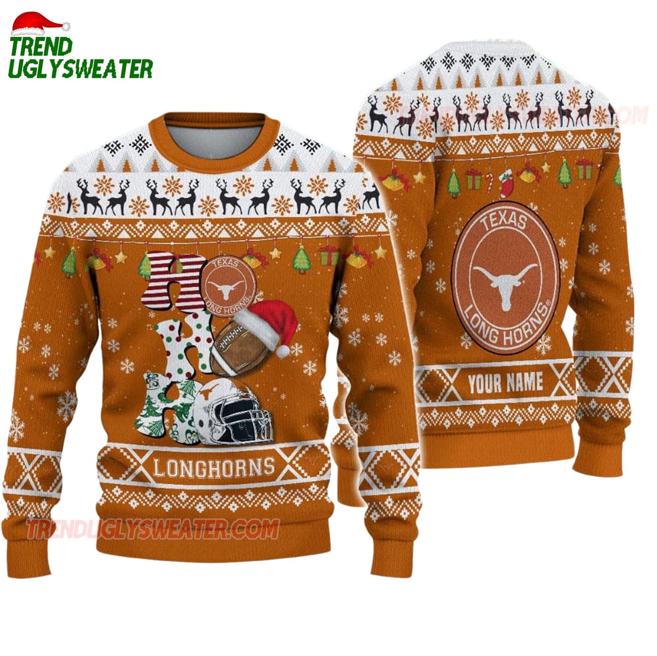 Custom Name Texas Longhorns Football Ho Ho Ho Ugly Christmas Sweater Custom Name Texas Longhorns Football Ho Ho Ho Ugly Christmas Sweater
