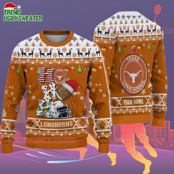 Custom Name Texas Longhorns Football Ho Ho Ho Ugly Christmas Sweater 2