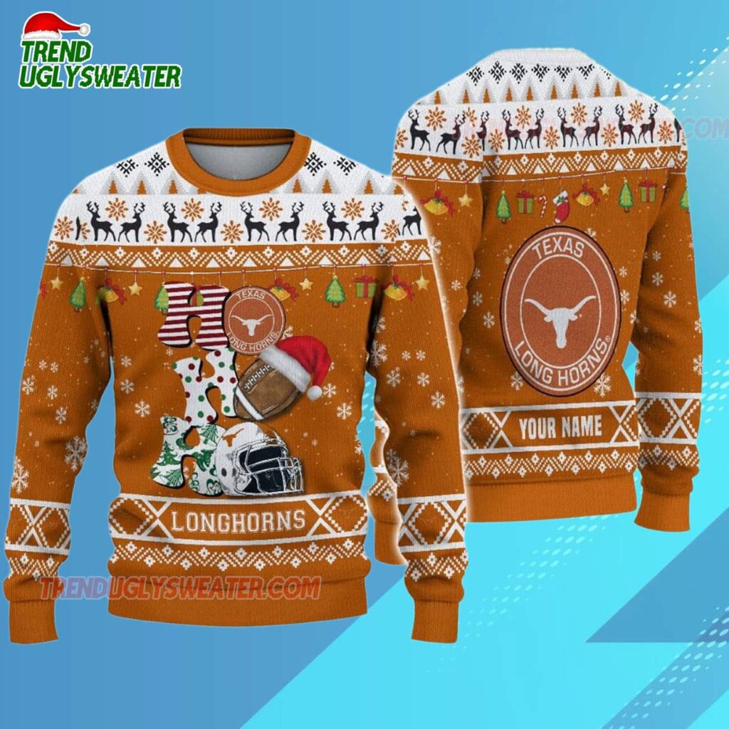 Custom Name Texas Longhorns Football Ho Ho Ho Ugly Christmas Sweater 3