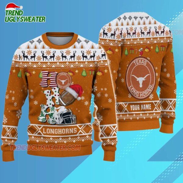 Custom Name Texas Longhorns Football Ho Ho Ho Ugly Christmas Sweater 3