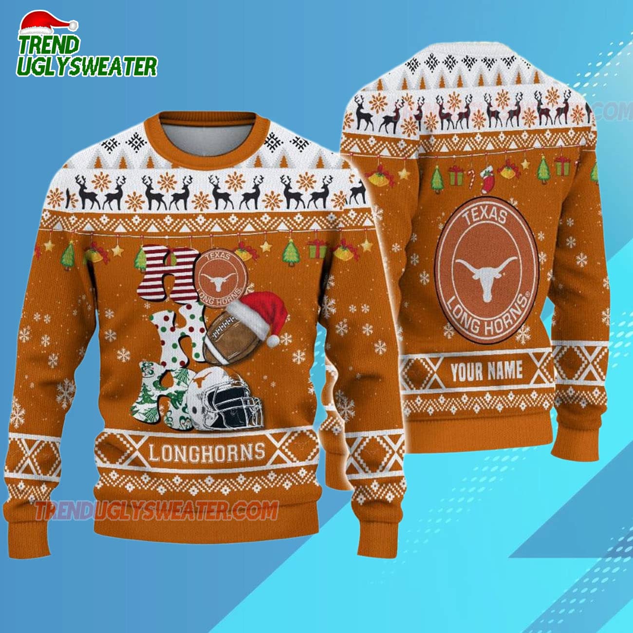 Custom Name Texas Longhorns Football Ho Ho Ho Ugly Christmas Sweater Custom Name Texas Longhorns Football Ho Ho Ho Ugly Christmas Sweater