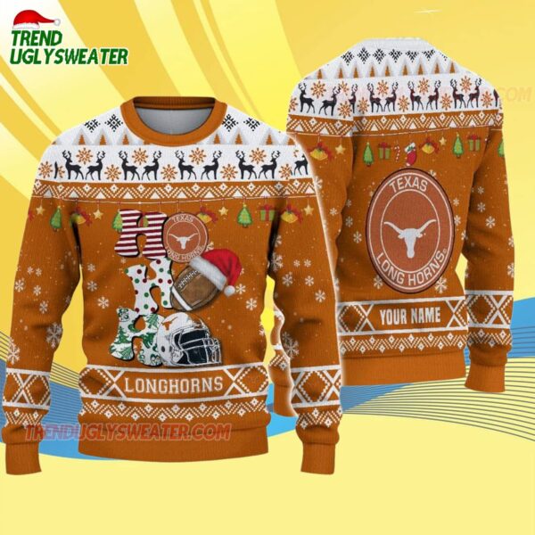 Custom Name Texas Longhorns Football Ho Ho Ho Ugly Christmas Sweater 4
