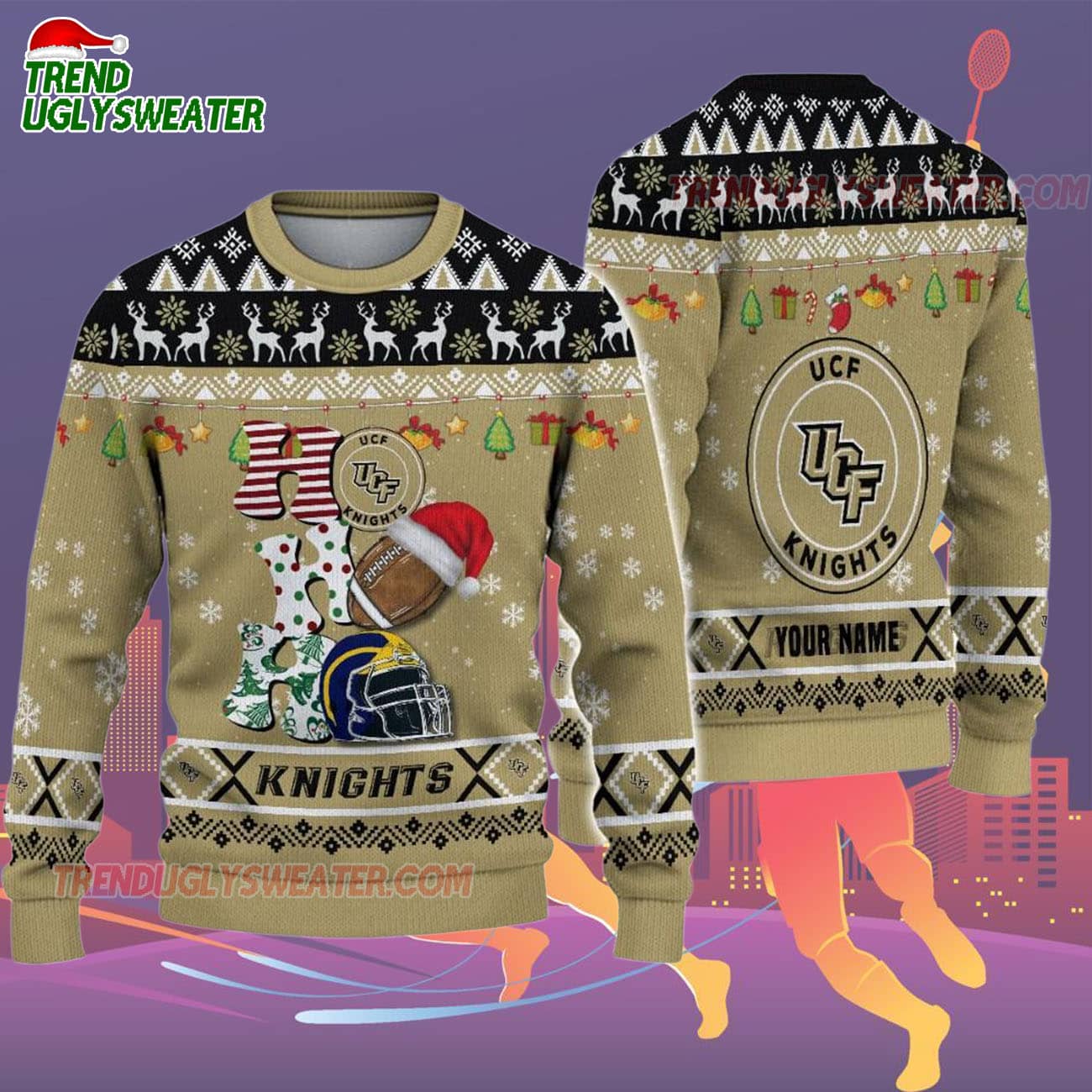 Custom Name Ucf Knights Football Ho Ho Ho Ugly Christmas Sweater Custom Name Ucf Knights Football Ho Ho Ho Ugly Christmas Sweater