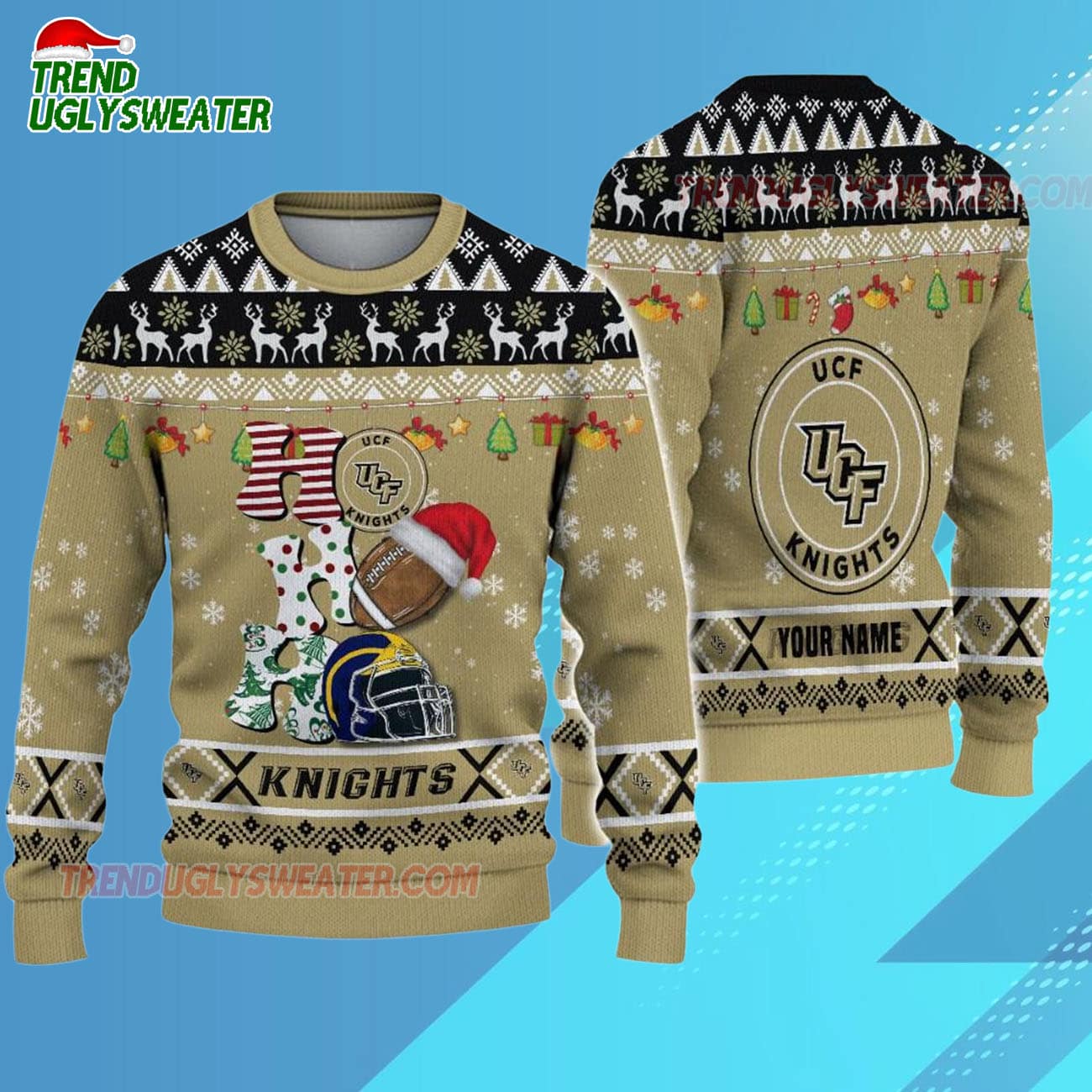 Custom Name Ucf Knights Football Ho Ho Ho Ugly Christmas Sweater Custom Name Ucf Knights Football Ho Ho Ho Ugly Christmas Sweater