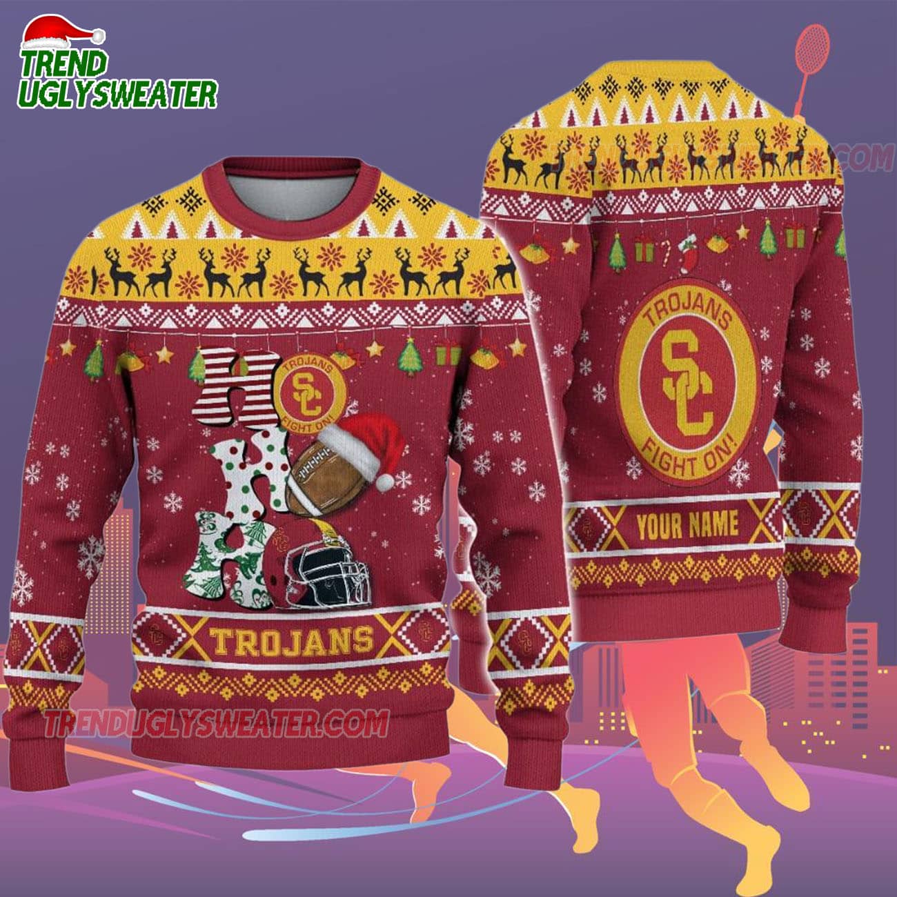 Custom Name Usc Trojans Football Ho Ho Ho Ugly Christmas Sweater Custom Name Usc Trojans Football Ho Ho Ho Ugly Christmas Sweater
