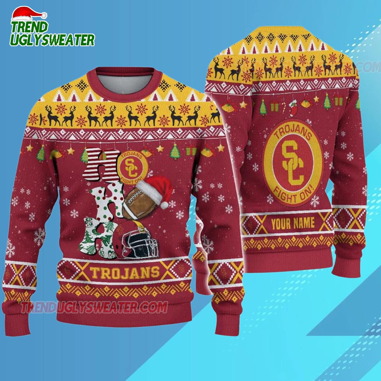 Custom Name Usc Trojans Football Ho Ho Ho Ugly Christmas Sweater Custom Name Usc Trojans Football Ho Ho Ho Ugly Christmas Sweater