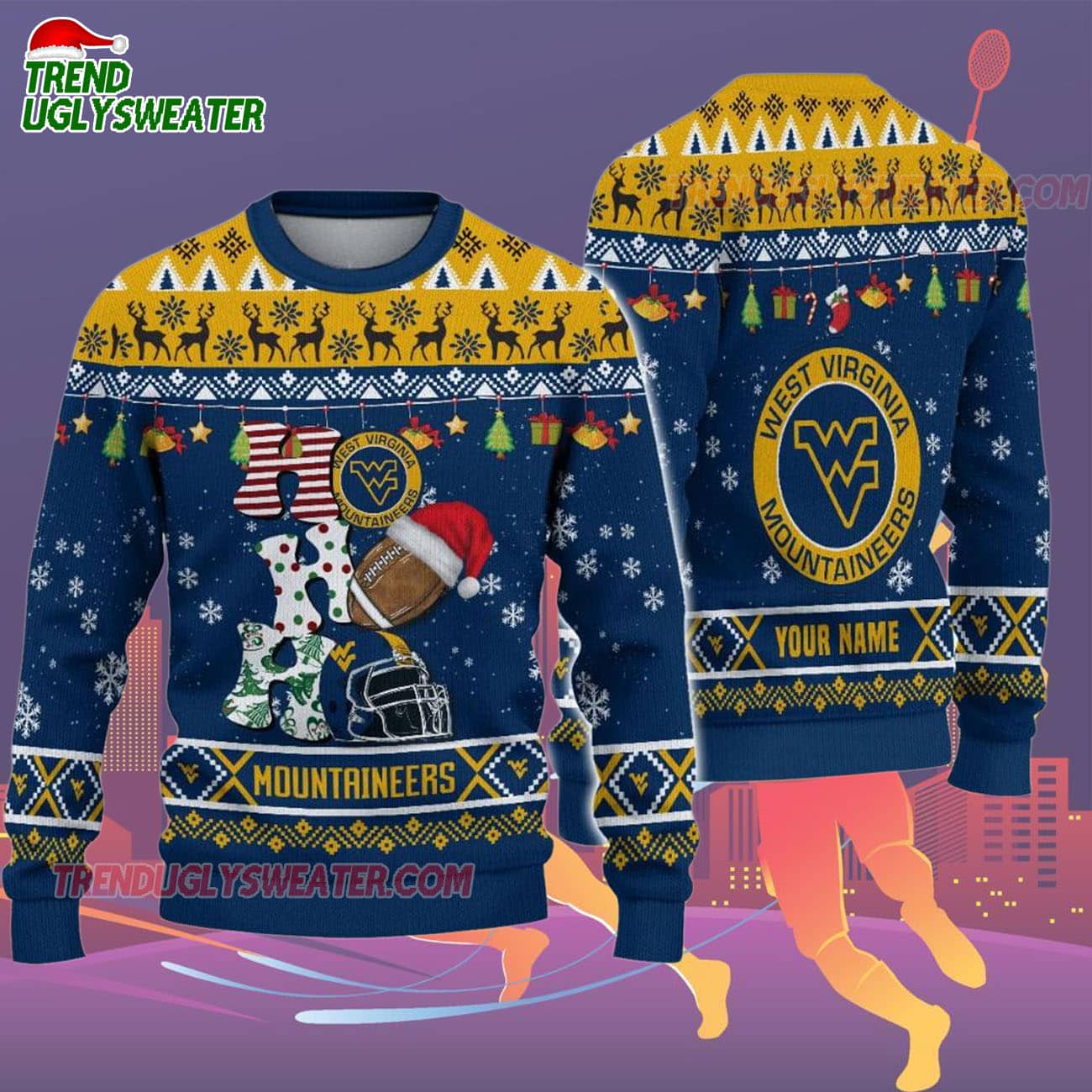 Custom Name West Virginia Mountaineers Football Ho Ho Ho Ugly Christmas Sweater Custom Name West Virginia Mountaineers Football Ho Ho Ho Ugly Christmas Sweater
