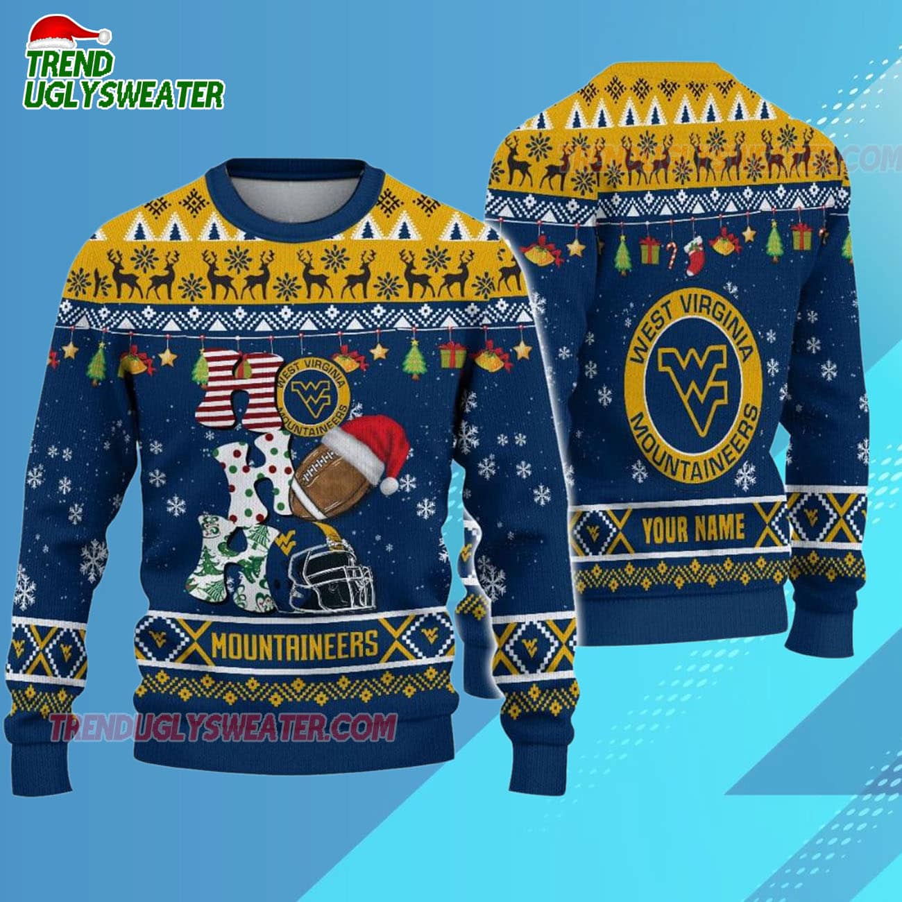 Custom Name West Virginia Mountaineers Football Ho Ho Ho Ugly Christmas Sweater Custom Name West Virginia Mountaineers Football Ho Ho Ho Ugly Christmas Sweater