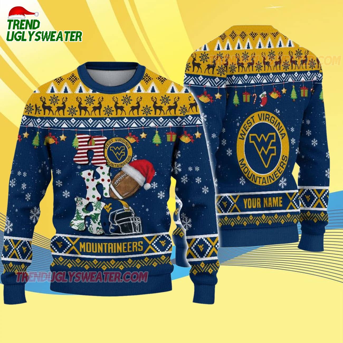 Custom Name West Virginia Mountaineers Football Ho Ho Ho Ugly Christmas Sweater Custom Name West Virginia Mountaineers Football Ho Ho Ho Ugly Christmas Sweater