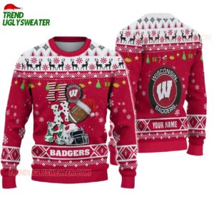 Custom Name Wisconsin Badgers Football Ho Ho Ho Ugly Christmas Sweater 1