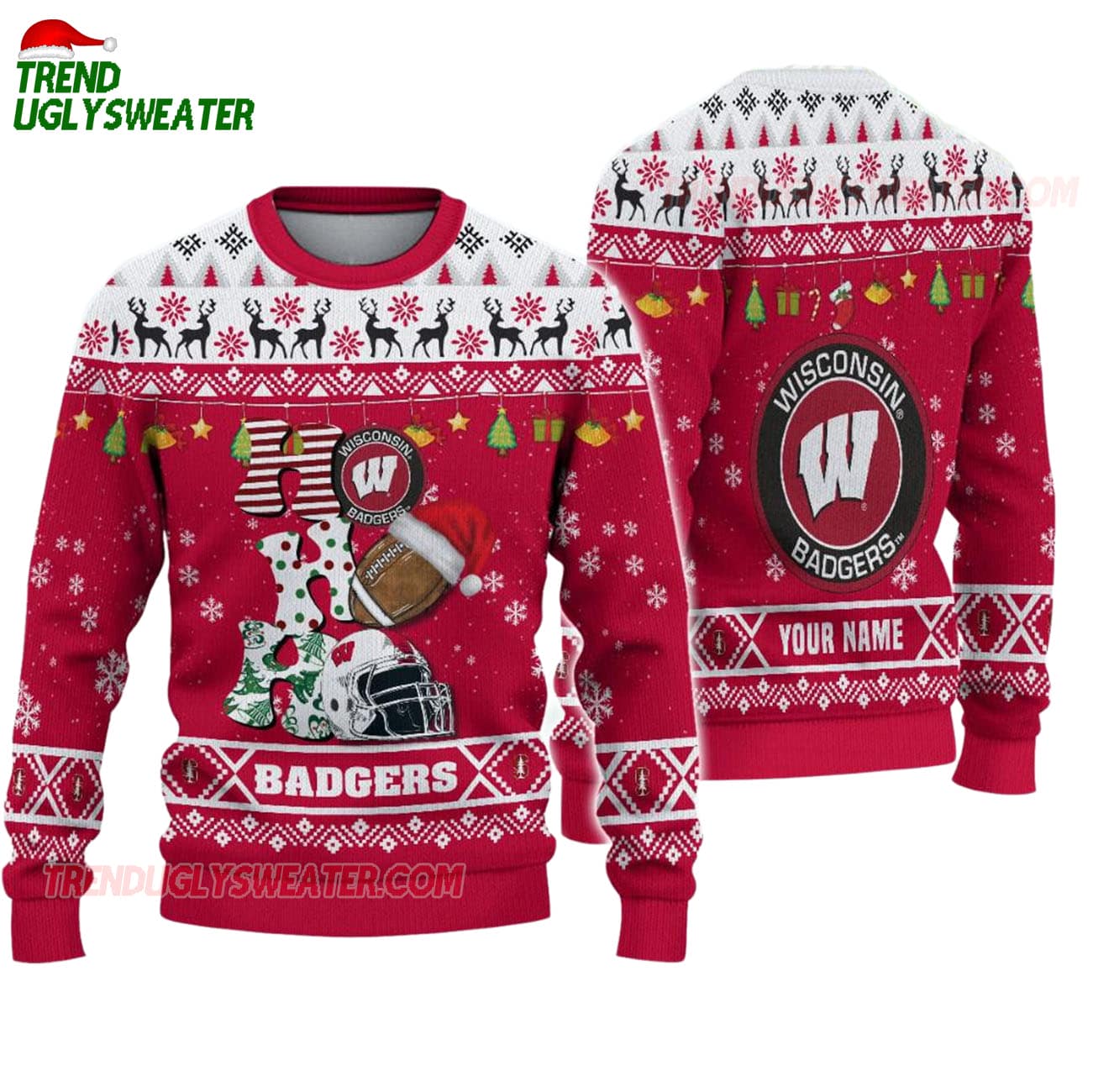 Custom Name Wisconsin Badgers Football Ho Ho Ho Ugly Christmas Sweater Custom Name Wisconsin Badgers Football Ho Ho Ho Ugly Christmas Sweater