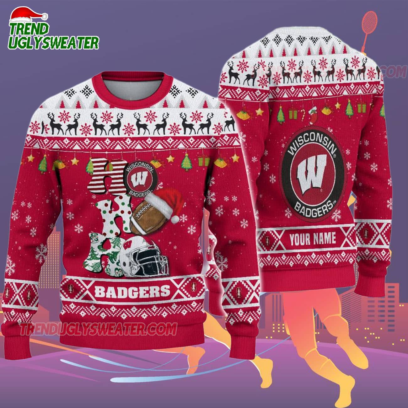 Custom Name Wisconsin Badgers Football Ho Ho Ho Ugly Christmas Sweater Custom Name Wisconsin Badgers Football Ho Ho Ho Ugly Christmas Sweater