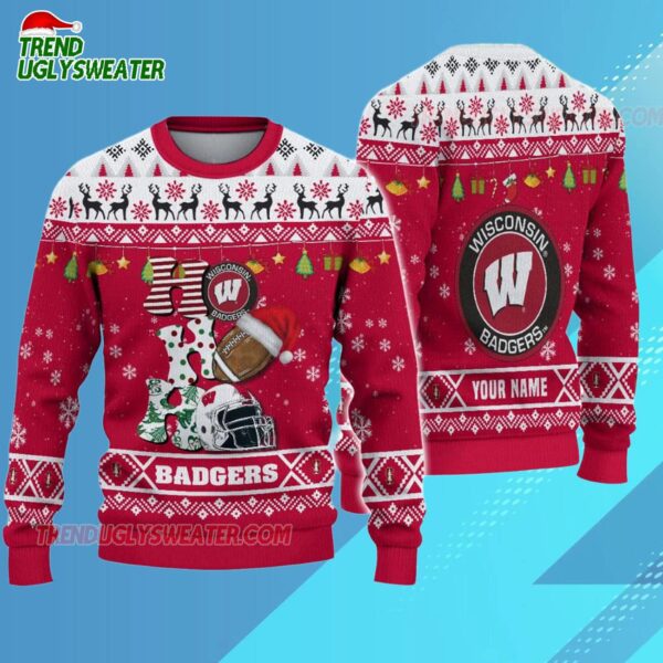 Custom Name Wisconsin Badgers Football Ho Ho Ho Ugly Christmas Sweater 3