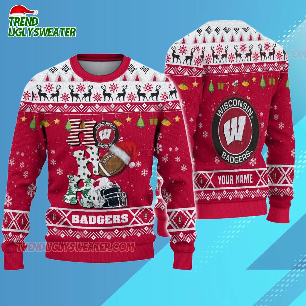 Custom Name Wisconsin Badgers Football Ho Ho Ho Ugly Christmas Sweater Custom Name Wisconsin Badgers Football Ho Ho Ho Ugly Christmas Sweater