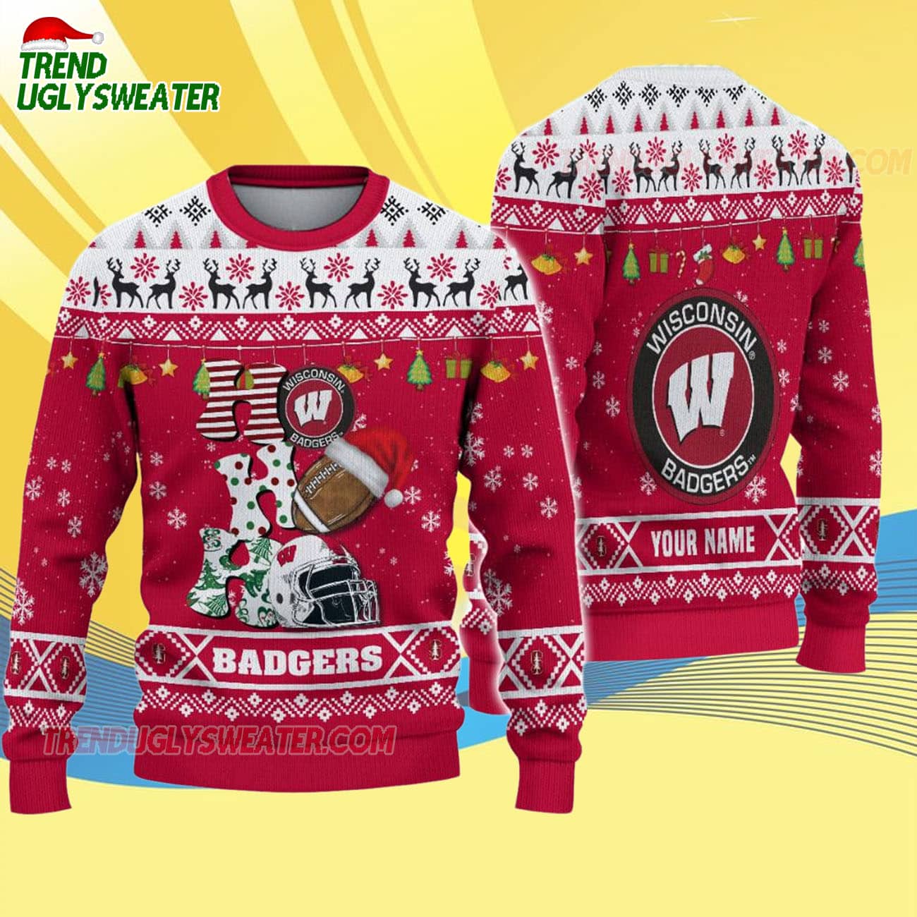 Custom Name Wisconsin Badgers Football Ho Ho Ho Ugly Christmas Sweater Custom Name Wisconsin Badgers Football Ho Ho Ho Ugly Christmas Sweater