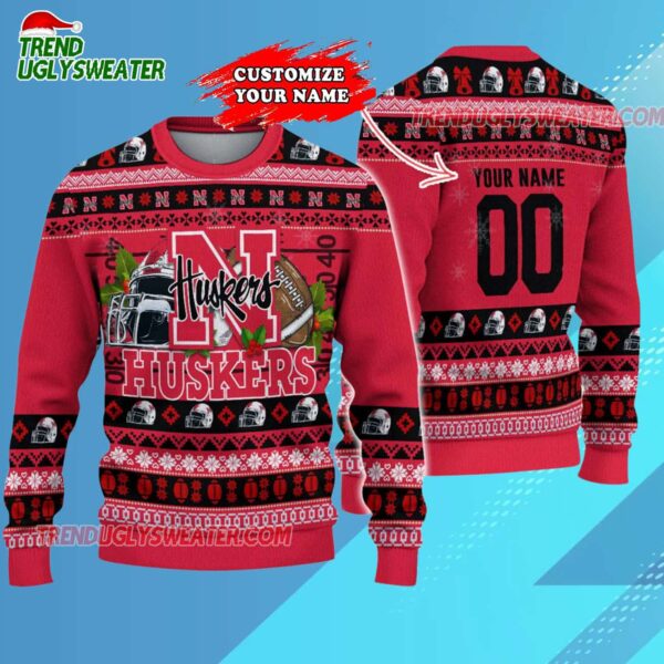 Custom Nebraska Cornhuskers Logo Team Football Christmas Ugly Sweater 3