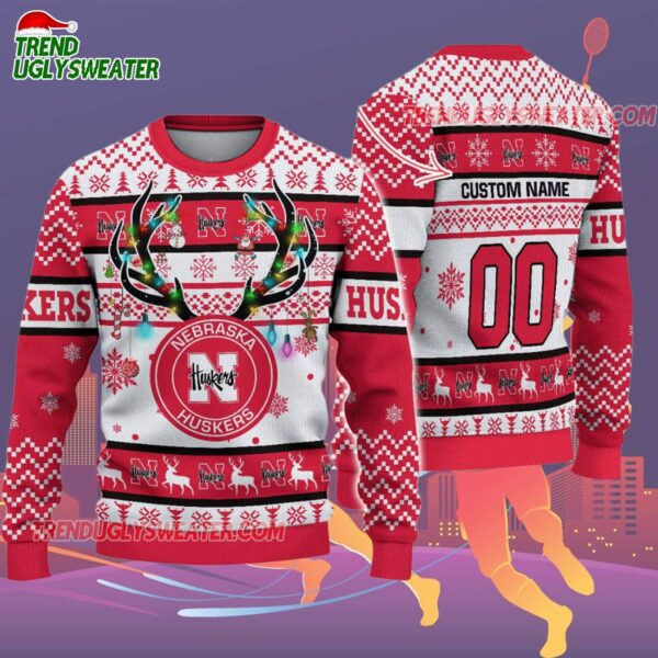 Custom Nebraska Cornhuskers Special Reindeer Light Ugly Christmas Sweater 2