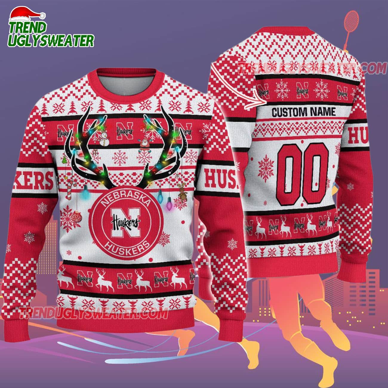 Custom Nebraska Cornhuskers Special Reindeer Light Ugly Christmas Sweater Custom Nebraska Cornhuskers Special Reindeer Light Ugly Christmas Sweater