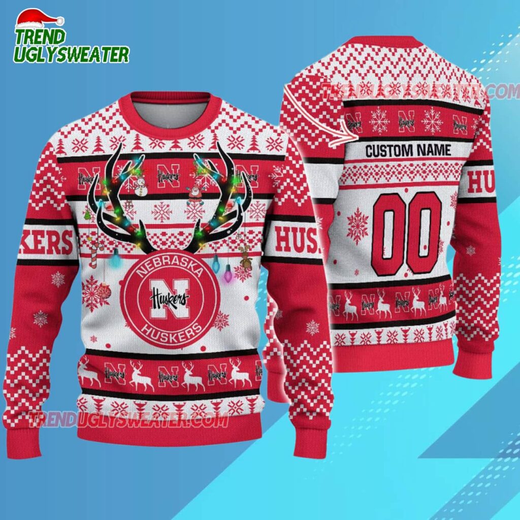 Custom Nebraska Cornhuskers Special Reindeer Light Ugly Christmas Sweater 3
